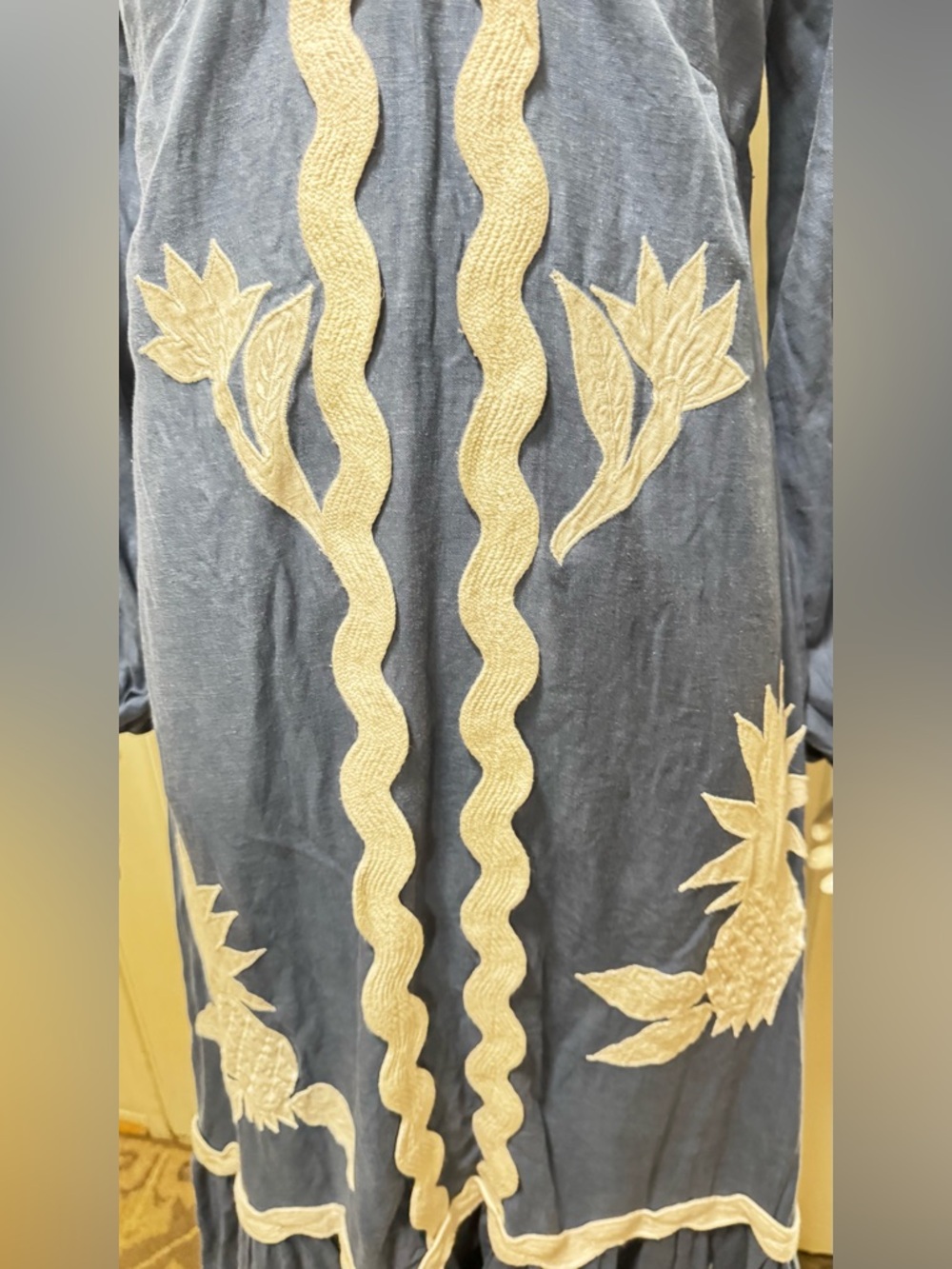 Farm Rio  Navy Blue White Floral Embroidery long sleeves Maxi Dress S XS - Picture 10 of 13